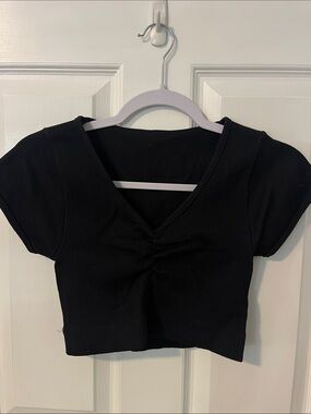 Black V-Neck Ruched Front Crop Top - Women
